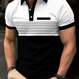 Men's  Shirt - Casual Sports Style, Striped Print and Contrast Color Details,