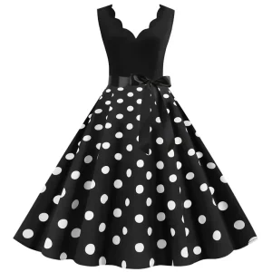 50s 60s Sleeveless V-neck Polka Dot Bow Ball Grown Sundress