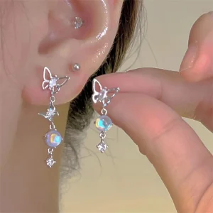 1Pair Fashion Sweet Asymmetrical Butterfly Moonstone Tassel Drop Earrings