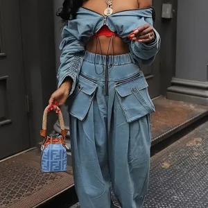 Denim Suit Set - Distressed Loose Jacket & High-Waisted Wide Leg Pants